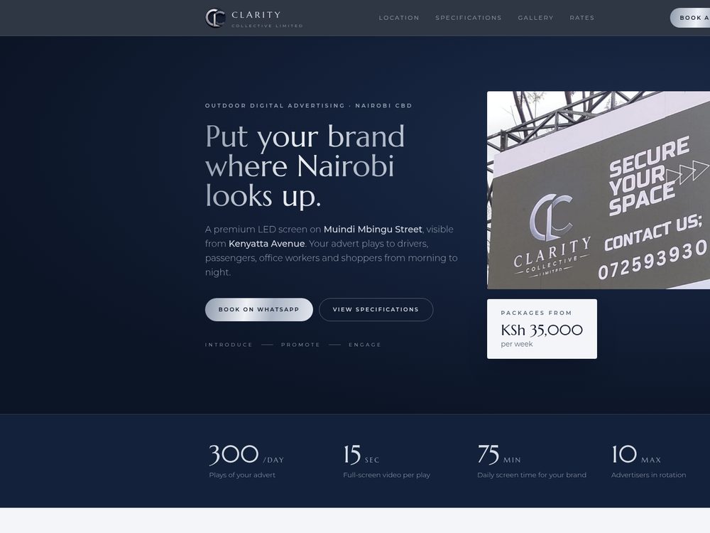 Clarity Collective website — dark navy hero with the headline “Put your brand where Nairobi looks up.” and a billboard photo