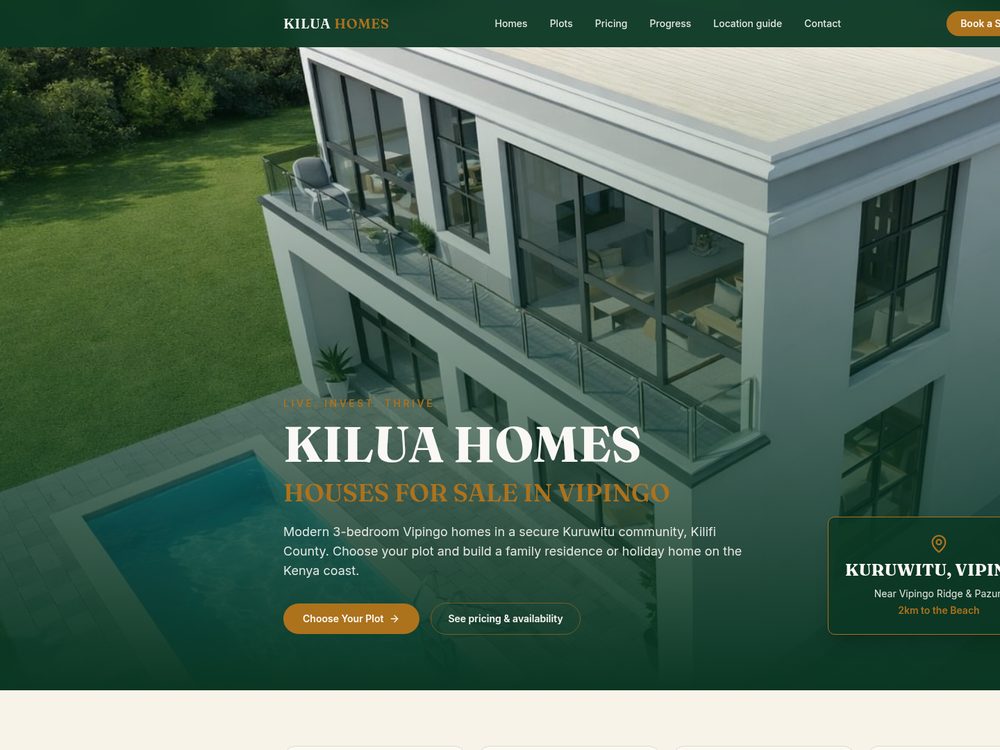 Kilua Homes website — full-screen villa render hero with the headline “Houses for sale in Vipingo”
